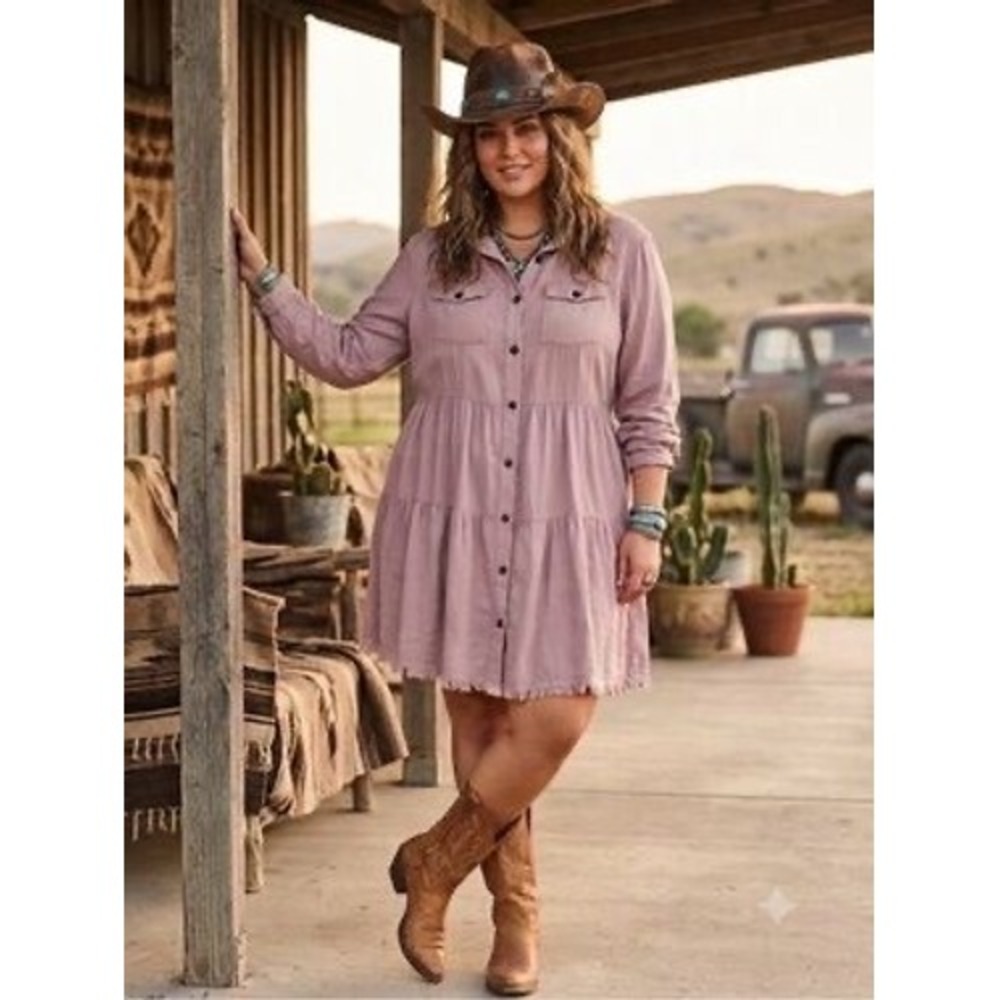 Western Umgee Mauve Tiered Boho Frayed Hem Button Down Shirt Dress Medium